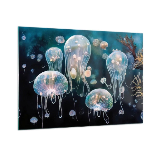 Impression sur verre - Image sur verre - Les méduses dans la danse lumineuse du monde sous-marin - 100x70cm - Ballon sous-marin - Décoration murale moderne pour le salon et la chambre ARTTOR