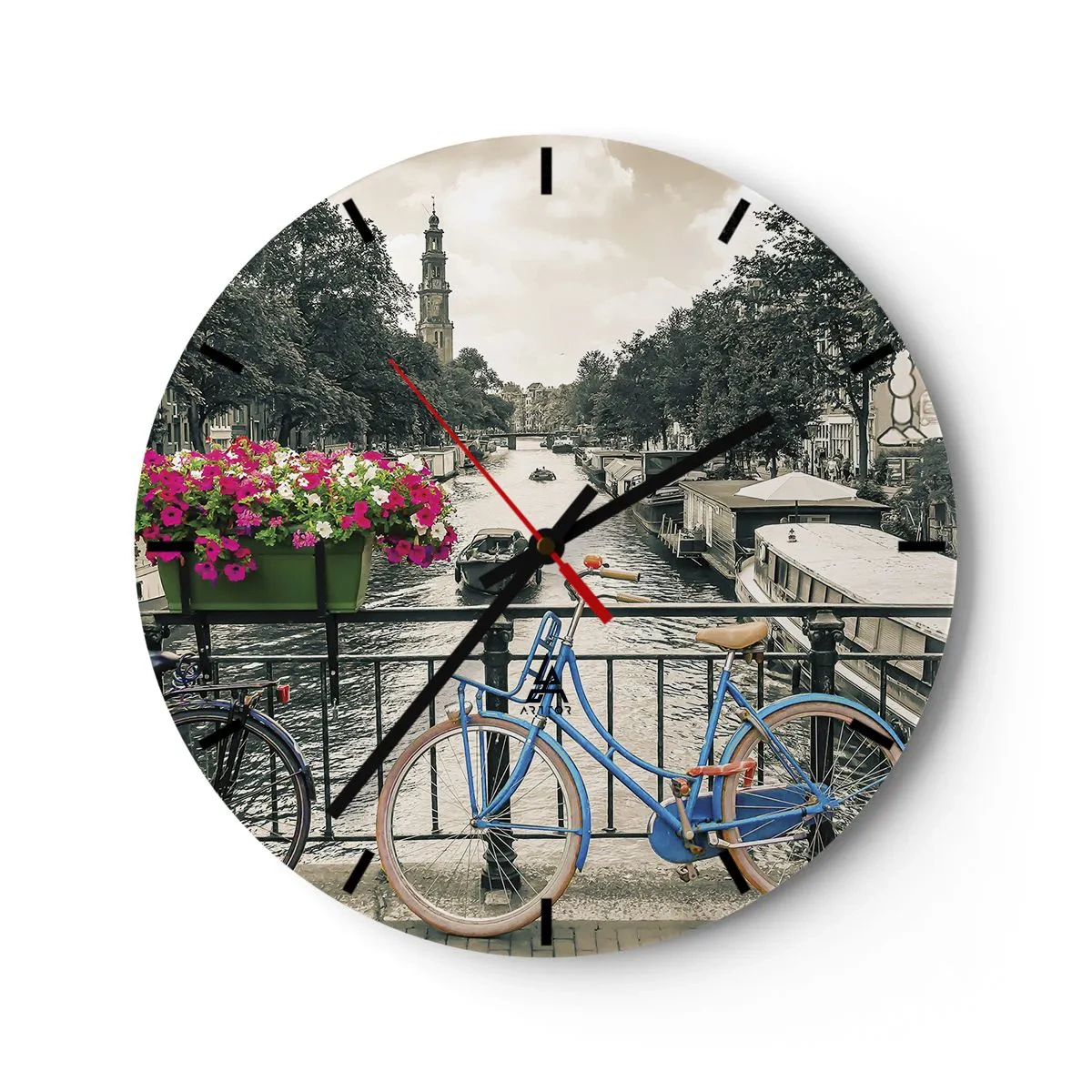 Horloge murale - Pendule murale - Un pont cyclable sur un canal à Amsterdam - 30x30cm - Couleurs de rue d'Amsterdam - Décoration murale moderne pour le salon, la cuisine et la chambre ARTTOR