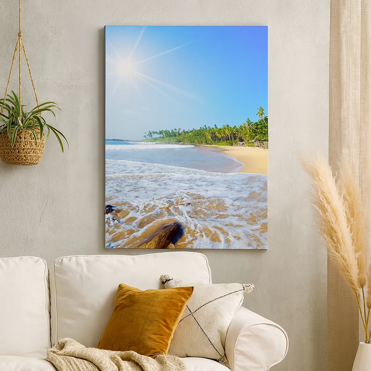 Impression sur toile - Image sur toile - Plage tropicale avec palmiers et ciel bleu - 50x70cm - Un endroit exotique pour vous - Décoration murale moderne pour le salon et la chambre ARTTOR