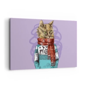 Impression sur toile - Image sur toile - Un chat en pull et écharpe sur fond violet - 120x80cm - Le chat, pas uniquement dans les chaussures - Décoration murale moderne pour le salon et la chambre ARTTOR