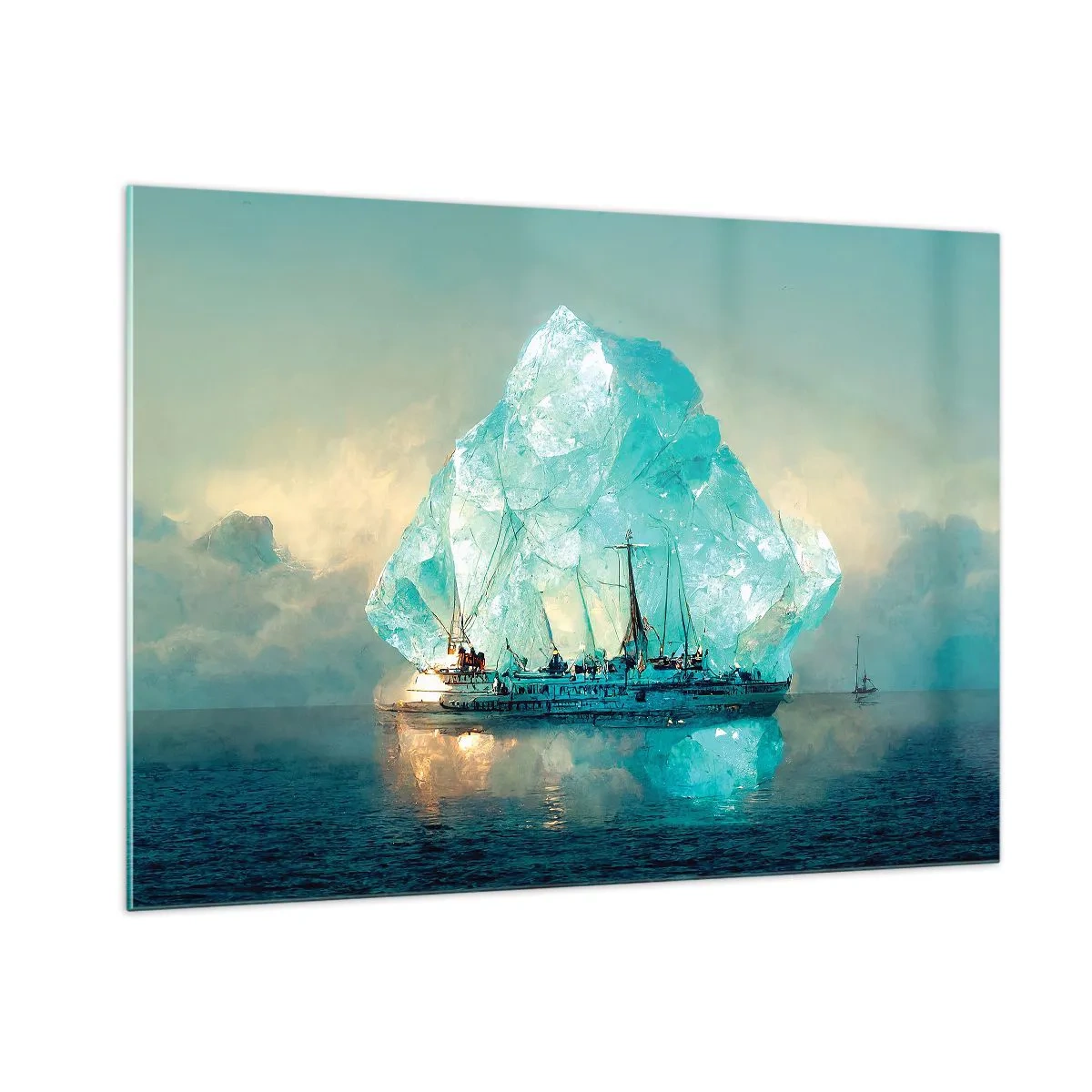 Impression sur verre - Image sur verre - Un voilier devant un immense glacier dans la lumière arctique. - 100x70cm - Diamant arctique - Décoration murale moderne pour le salon et la chambre ARTTOR