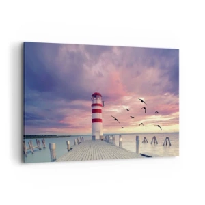 Impression sur toile - Image sur toile - Un phare sur la jetée entouré d'un coucher de soleil pittoresque - 100x70cm - C'est l'heure d'aller au port - Décoration murale moderne pour le salon et la chambre ARTTOR