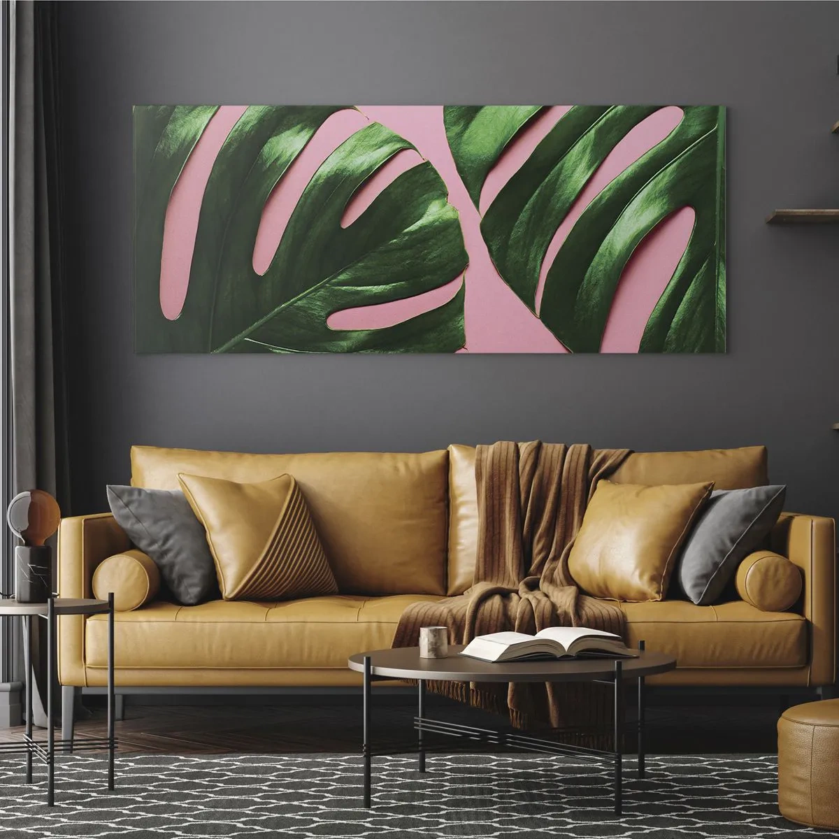 Impression sur verre - Image sur verre - Feuilles de monstera vertes sur fond rose - 140x50cm - Rendez-vous vert - Décoration murale moderne pour le salon et la chambre ARTTOR