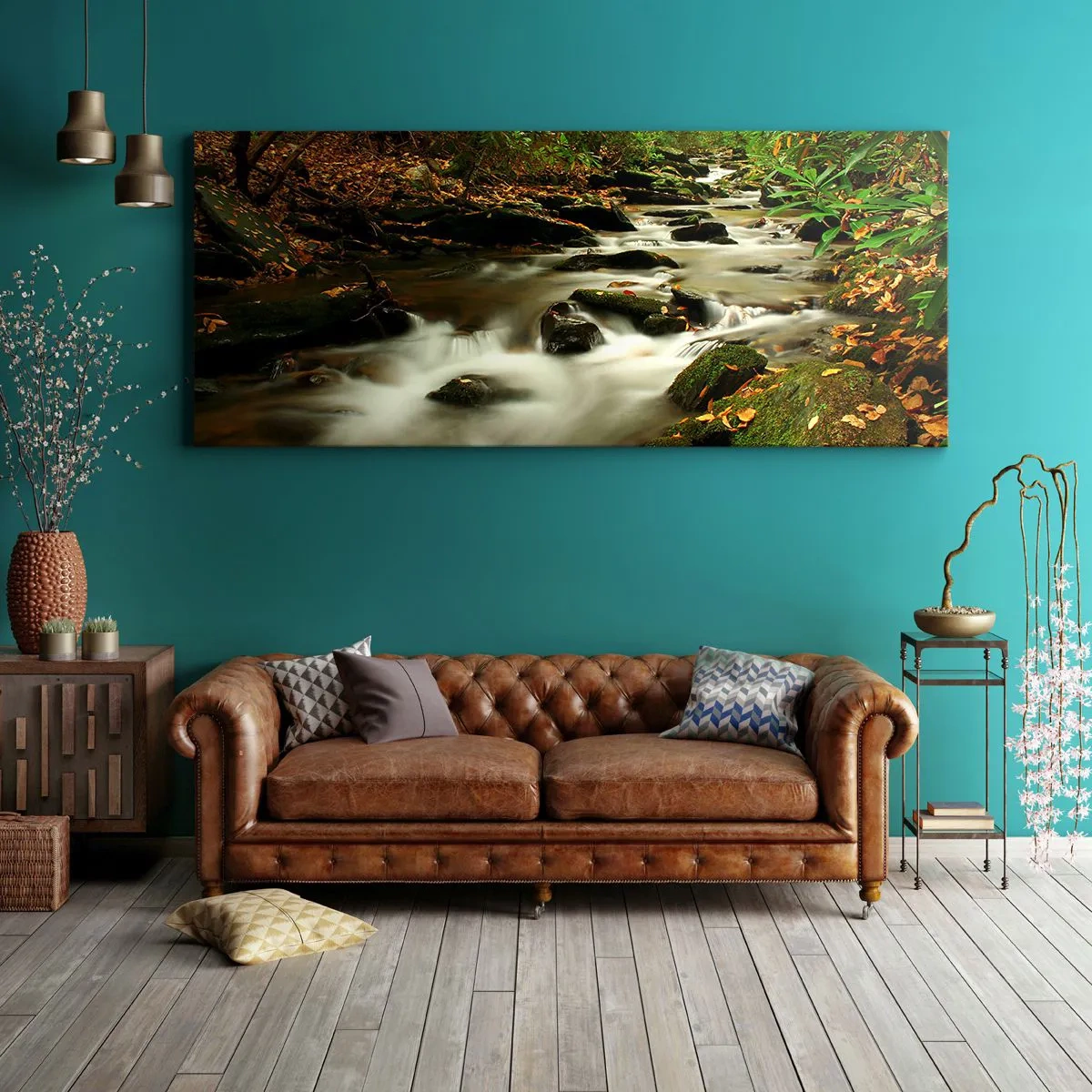 Impression sur toile - Image sur toile - Un ruisseau forestier coulant entre des pierres entourées de verdure - 120x50cm - Comme de l'argent liquide - Décoration murale moderne pour le salon et la chambre ARTTOR