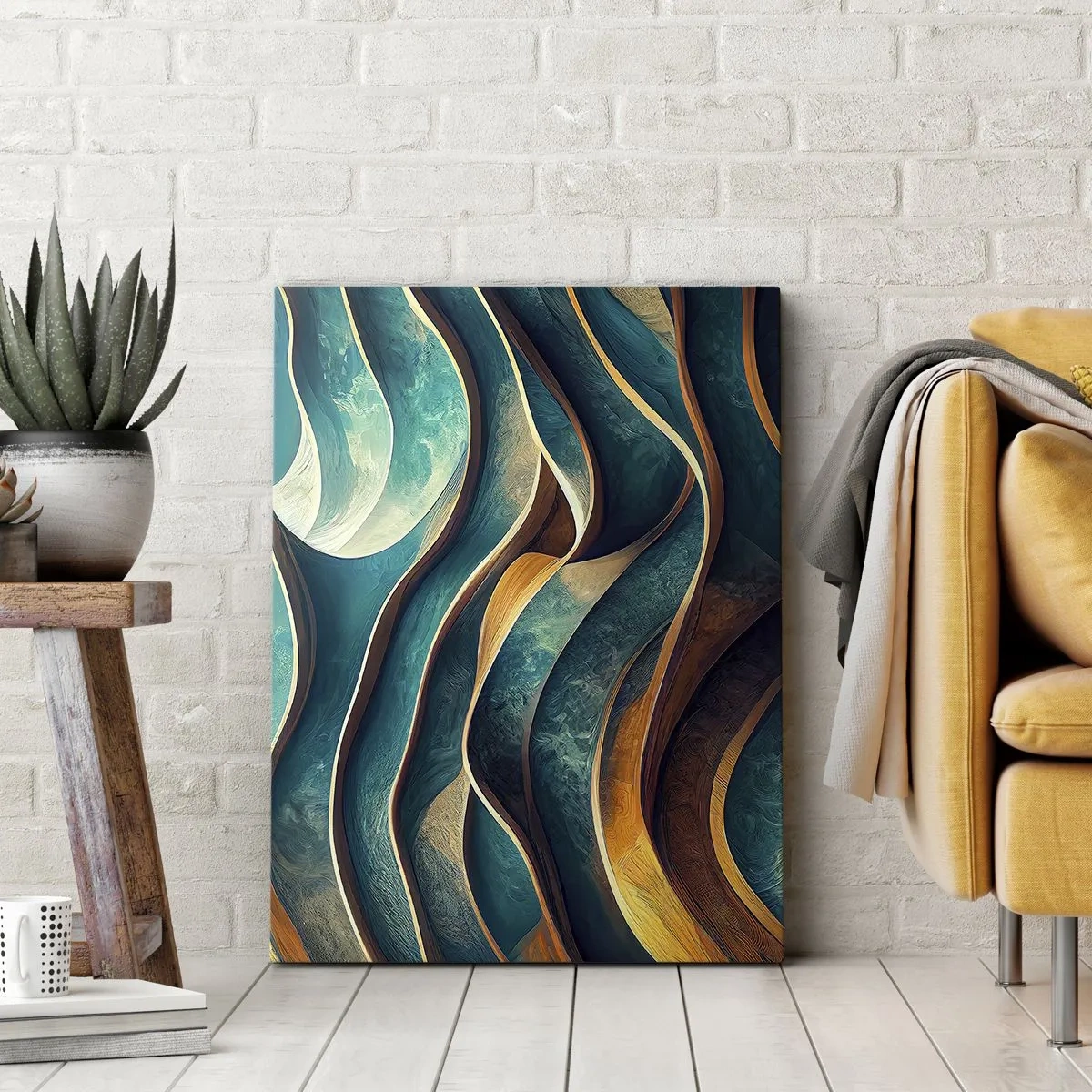 Impression sur toile - Image sur toile - Vagues abstraites dans des tons turquoise et or - 80x120cm - Méandres de bleu - Décoration murale moderne pour le salon et la chambre ARTTOR