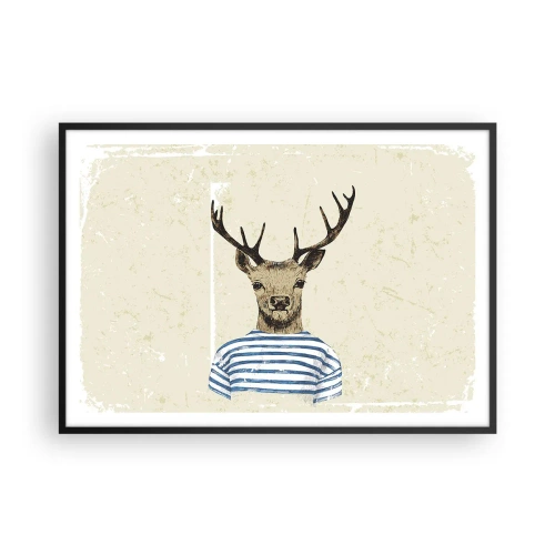Affiche dans un cadre noir - Poster - Un cerf en chemise rayée sur un fond clair avec une texture délicate - 100x70cm - Parce que j'aime les chemises rayées - Décoration murale moderne pour le salon et la chambre ARTTOR