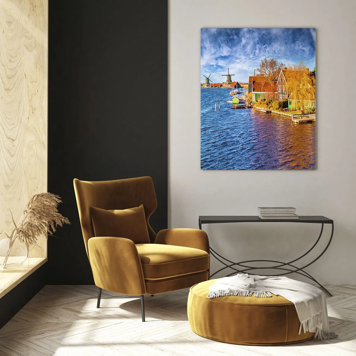 Impression sur verre - Image sur verre - Maisons pittoresques et moulins à vent au bord de l'eau - 70x100cm - C'est pareil depuis des lustres - Décoration murale moderne pour le salon et la chambre ARTTOR