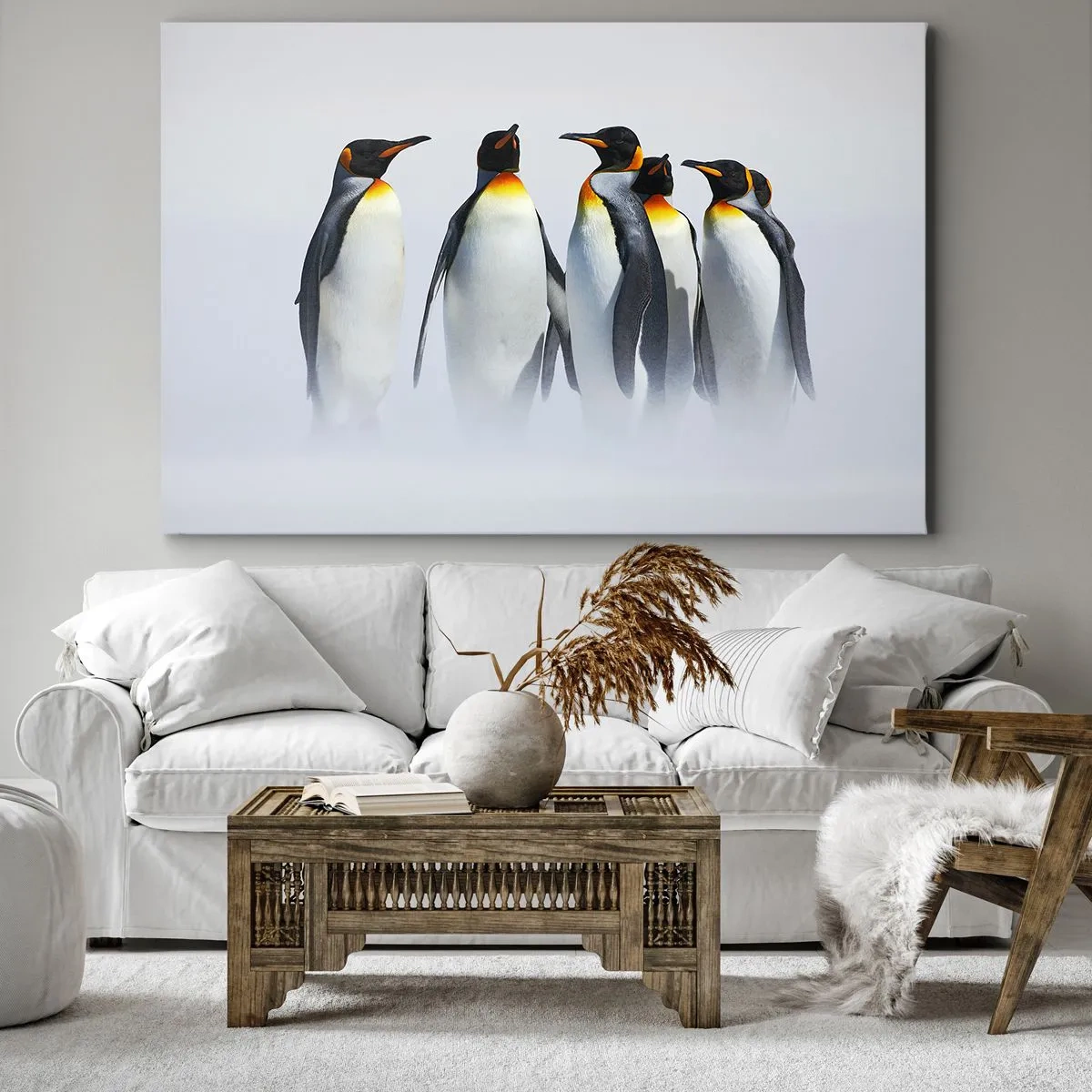 Impression sur toile - Image sur toile - Un groupe de manchots empereurs dans le brouillard hivernal - 120x80cm - Rencontre en robes de soirée - Décoration murale moderne pour le salon et la chambre ARTTOR