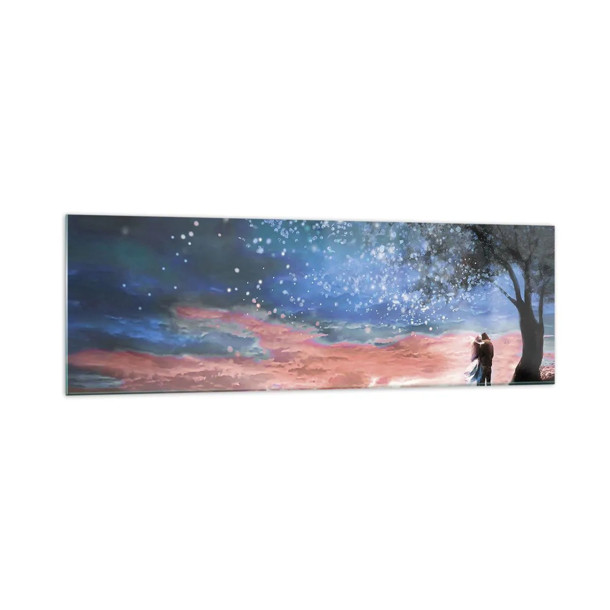 Impression sur verre - Image sur verre - Scène de couple romantique sous la pleine lune - 160x50cm - Spectacle étoilé - Décoration murale moderne pour le salon et la chambre ARTTOR