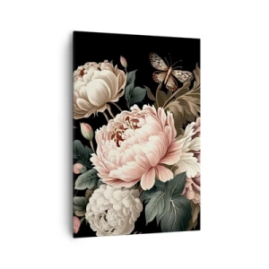 Impression sur toile - Image sur toile - Un bouquet de fleurs roses et de papillons sur fond noir - 70x100cm - De style baroque - Décoration murale moderne pour le salon et la chambre ARTTOR