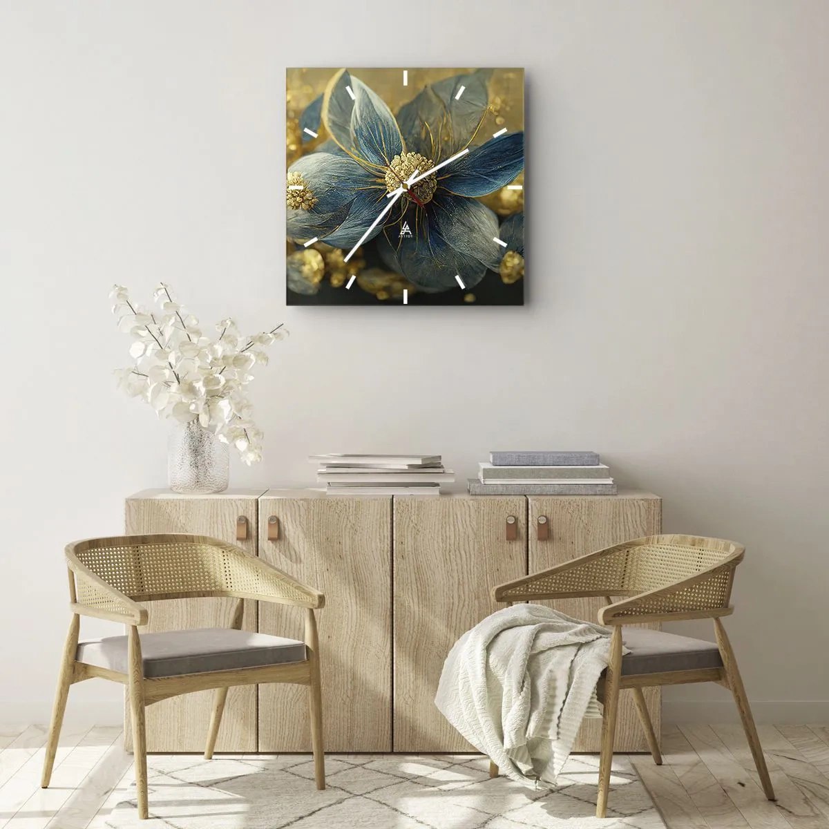 Horloge murale - Pendule murale - Fleurs élégantes dans des tons de bleu et d'or - 30x30cm - Fleurir avec de l'or - Décoration murale moderne pour le salon et la chambre ARTTOR