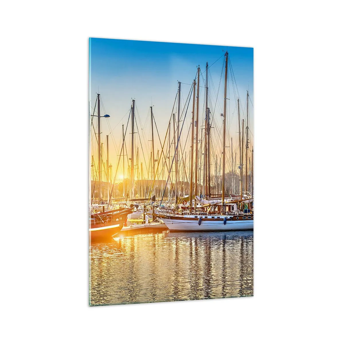 Impression sur verre - Image sur verre - Coucher de soleil sur une marina pleine de voiliers - 70x100cm - Le vent aussi doit dormir - Décoration murale moderne pour le salon et la chambre ARTTOR