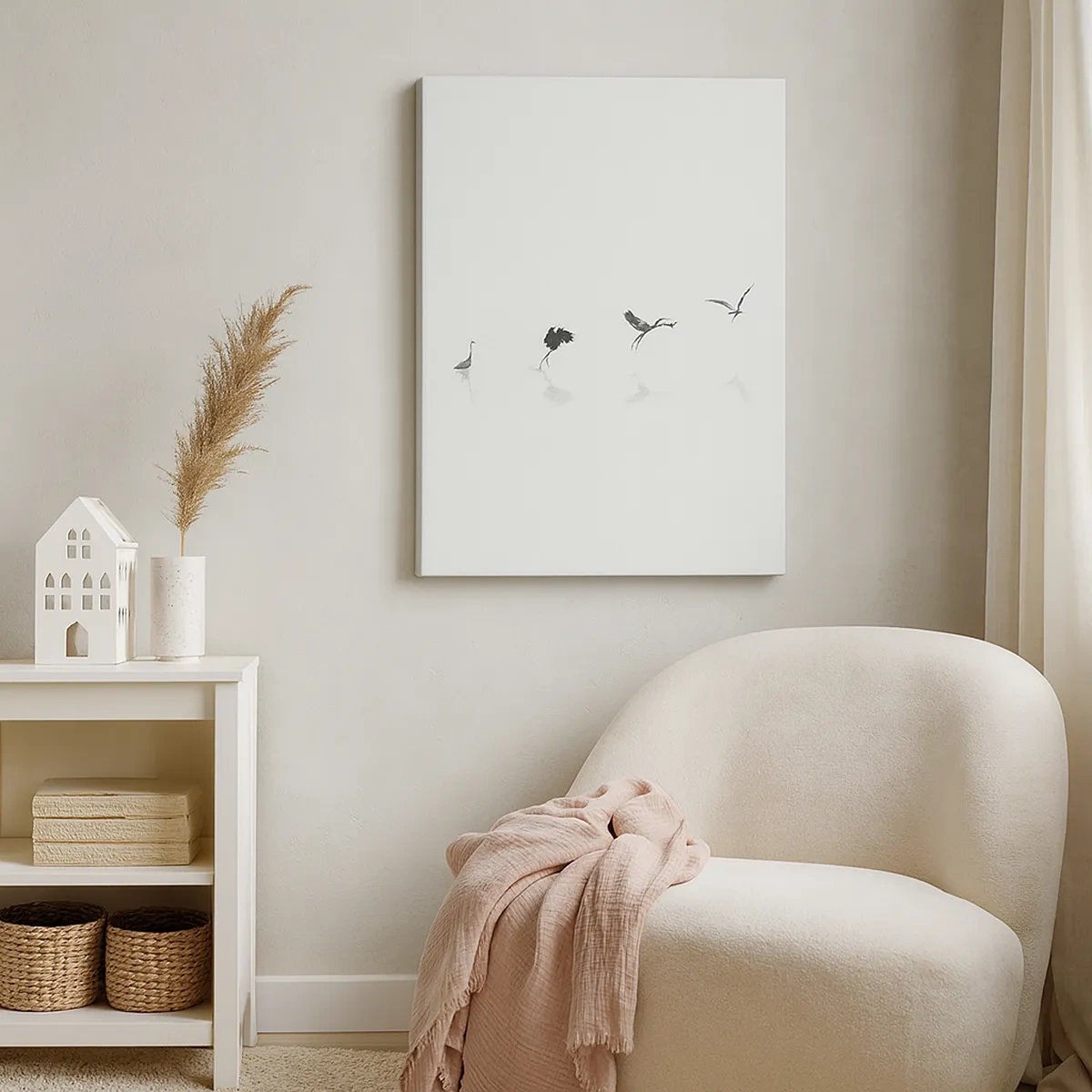 Impression sur toile - Image sur toile - Quatre silhouettes d'oiseaux se reflètent dans l'eau calme - 50x70cm - Quatre étapes simples - Décoration murale moderne pour le salon et la chambre ARTTOR