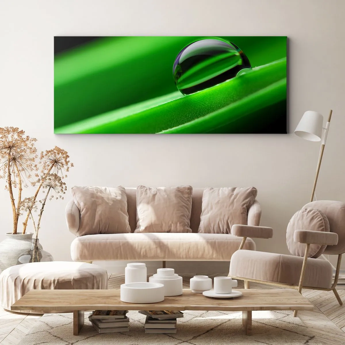 Impression sur toile - Image sur toile - Gros plan d'une goutte de rosée sur une feuille verte - 120x50cm - La vie de près - Décoration murale moderne pour le salon et la chambre ARTTOR