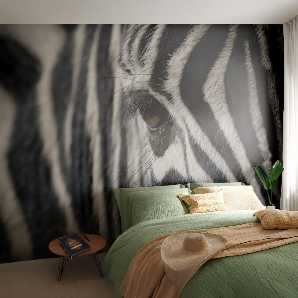 Papier Peint Photo Premium Sand - Gros plan de l'œil d'un zèbre avec des rayures noires et blanches - 100x70cm - Portrait en rayure - Décoration murale moderne pour le salon et la chambre ARTTOR