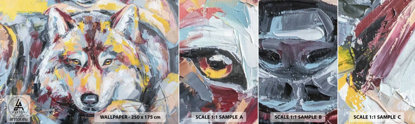 Échantillon de Papier Peint Autocollant Deluxe Sticker - En paix au milieu des siens - Abstraction, Loup, Peinture - 100x30 cm