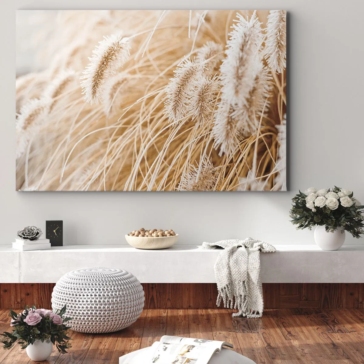Impression sur toile - Image sur toile - Gros plan d'herbes dorées et délicates au soleil - 70x50cm - Le bruissement doré de l'herbe - Décoration murale moderne pour le salon et la chambre ARTTOR