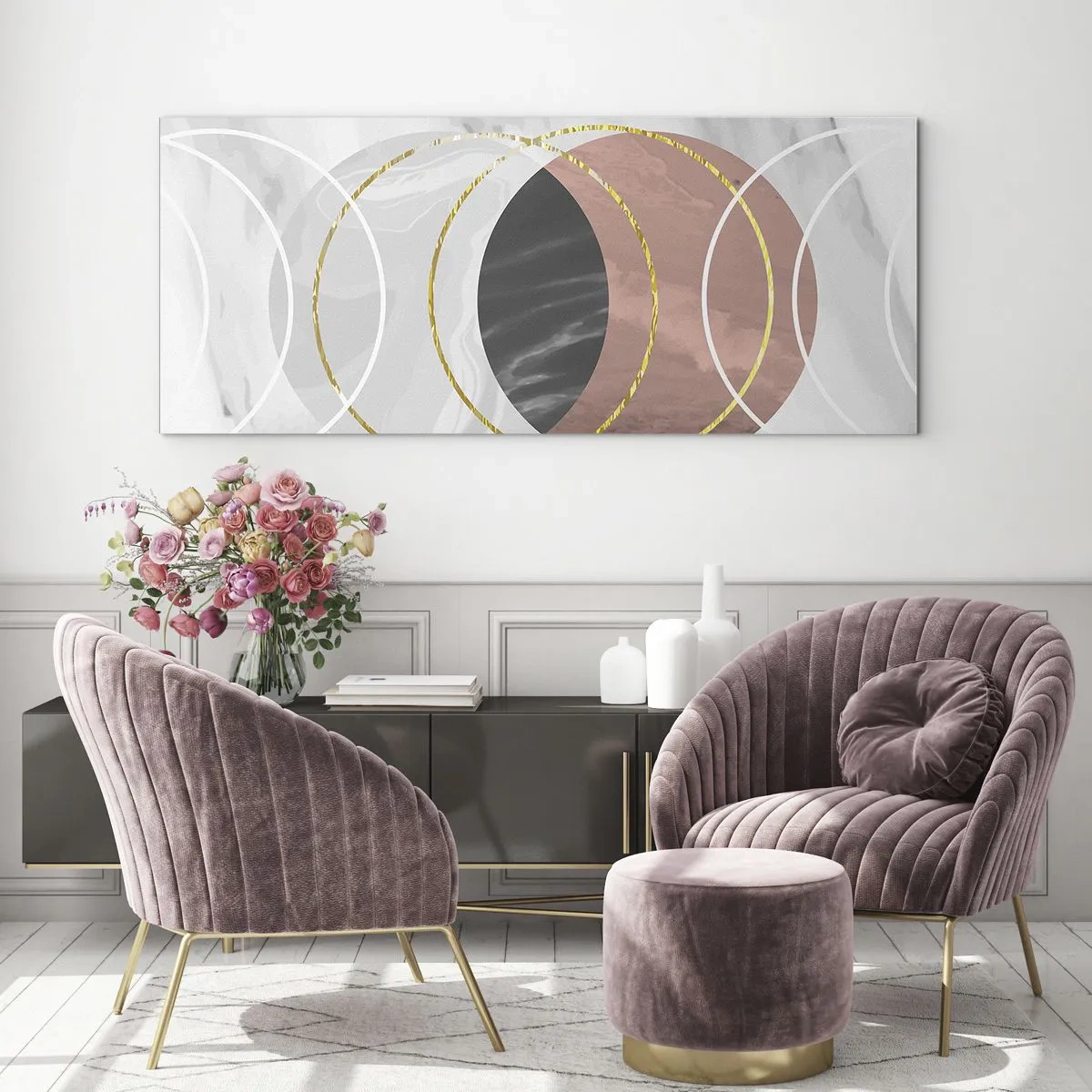 Impression sur verre - Image sur verre - Composition géométrique abstraite avec des cercles et des détails métalliques - 160x50cm - Musique des sphères - Décoration murale moderne pour le salon et la chambre ARTTOR