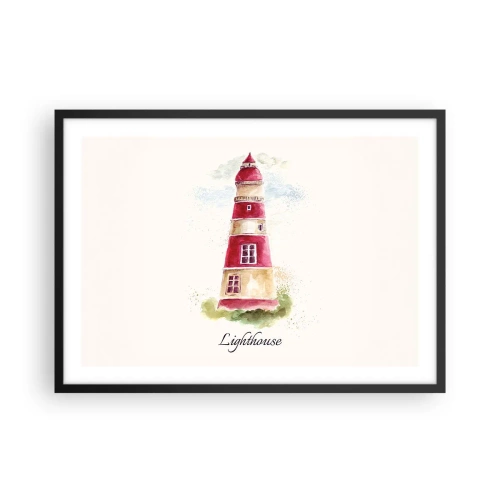 Affiche dans un cadre noir - Poster - Une aquarelle représentant un phare sur fond clair avec une inscription - 70x50cm - Il y a toujours beau temps autour - Décoration murale moderne pour le salon et la chambre ARTTOR