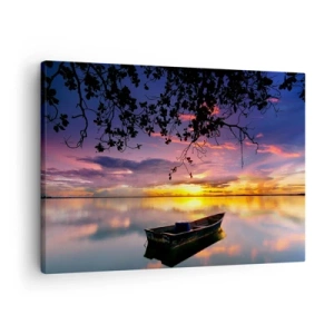 Impression sur toile - Image sur toile - Un bateau sur une eau calme au coucher du soleil - 70x50cm - "Tu sembles suspendu au milieu du ciel..." - Décoration murale moderne pour le salon et la chambre ARTTOR