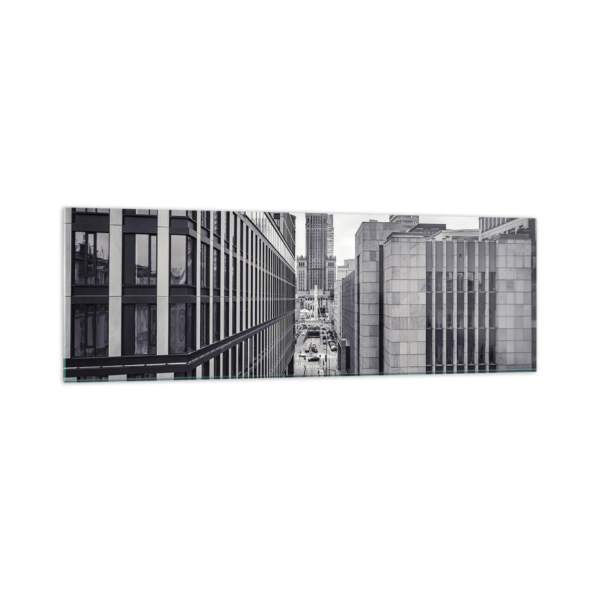 Impression sur verre - Image sur verre - Panorama de Varsovie avec vue sur le Palais de la Culture et les bâtiments environnants - 160x50cm - Vallée de Varsovie - Décoration murale moderne pour le salon et la chambre ARTTOR