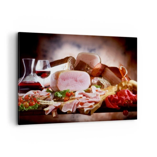 Impression sur toile - Image sur toile - Charcuterie au vin sur fond rustique - 100x70cm - Un rêve culinaire avec une carafe - Décoration murale moderne pour le salon et la chambre ARTTOR