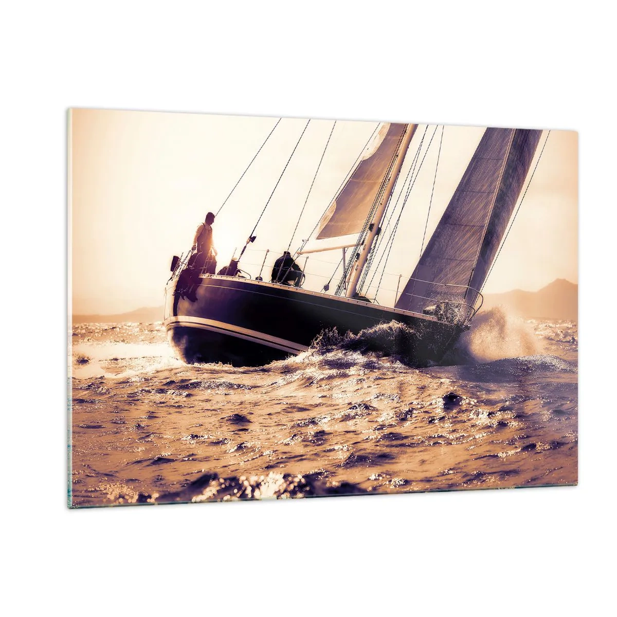 Impression sur verre - Image sur verre - Un voilier sur une mer agitée aux tons chauds - 120x80cm - Navigue, marin - Décoration murale moderne pour le salon et la chambre ARTTOR