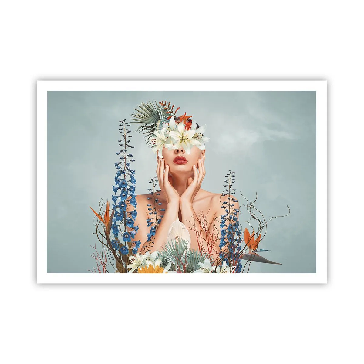 Affiche - Poster - Portrait d'une femme avec un motif floral sur fond bleu - 100x70cm - Femme - fleur - Décoration murale moderne pour le salon et la chambre ARTTOR