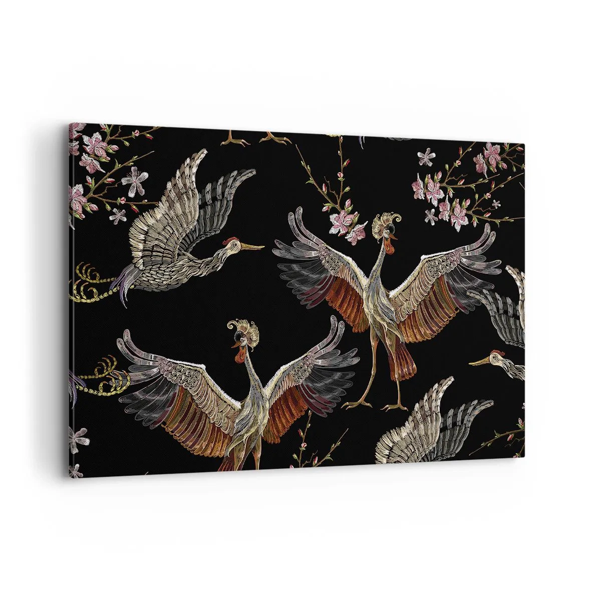 Impression sur toile - Image sur toile - Grues et fleurs élégantes sur fond noir - 120x80cm - Un oiseau de conte de fées - Décoration murale moderne pour le salon et la chambre ARTTOR