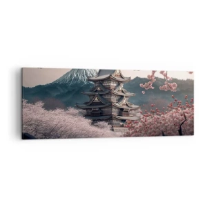 Impression sur toile - Image sur toile - Un temple japonais entouré de cerisiers en fleurs et de montagnes - 140x50cm - Le pays des cerisiers en fleurs - Décoration murale moderne pour le salon et la chambre ARTTOR