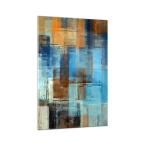 Impression sur verre - Image sur verre - Composition géométrique abstraite dans les tons de bleu et de marron - 70x100cm - A travers le voile bleu - Décoration murale moderne pour le salon et la chambre ARTTOR
