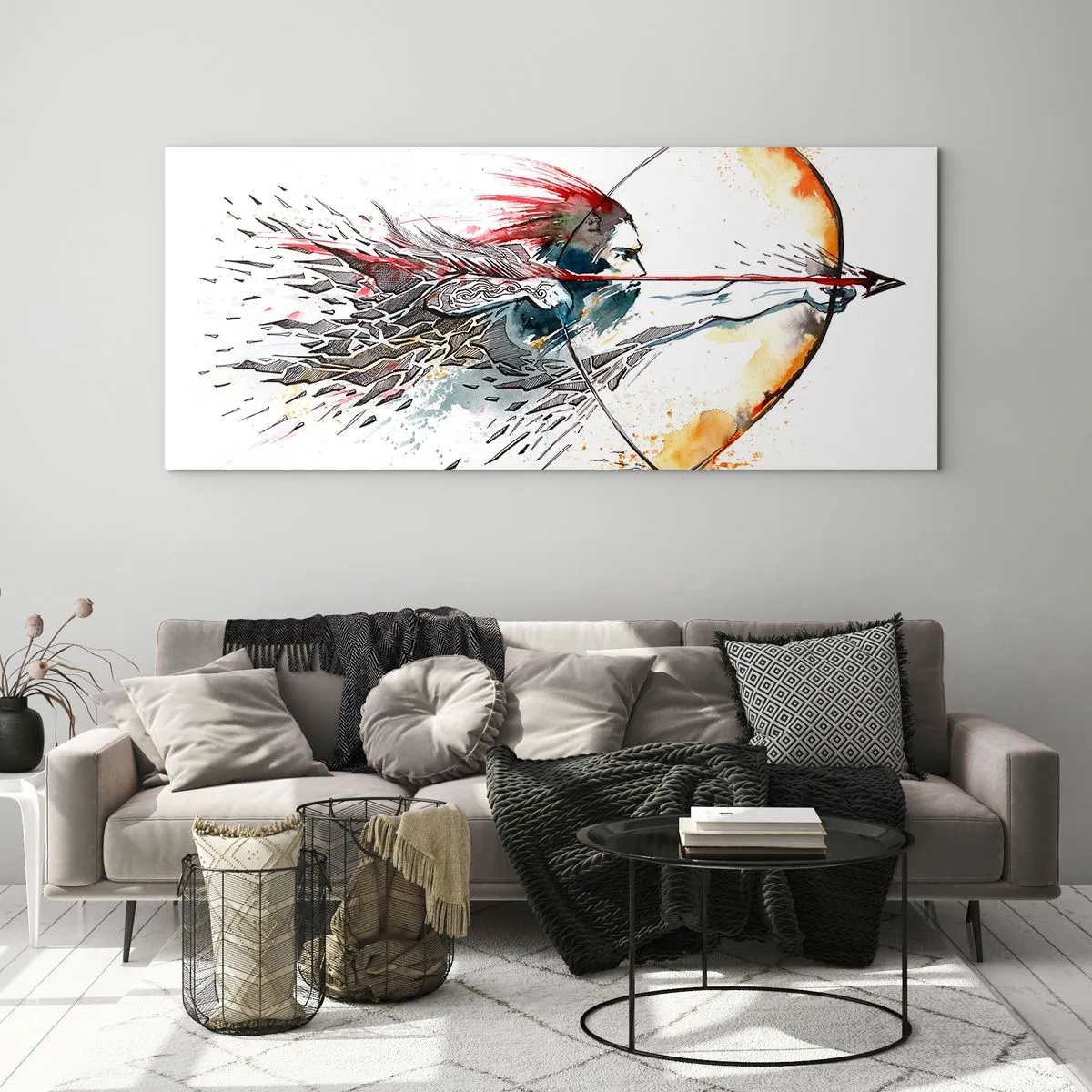 Impression sur verre - Image sur verre - Aquarelle dynamique d'un guerrier avec un arc et des flèches - 120x50cm - Guerrier mythique avec un arc de feu - Décoration murale moderne pour le salon et la chambre ARTTOR