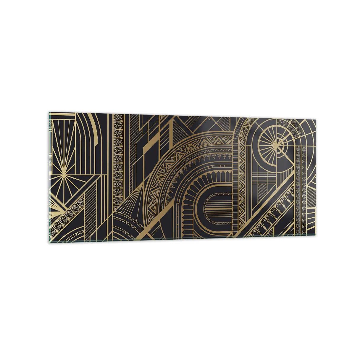 Impression sur verre - Image sur verre - Motifs géométriques dorés sur fond noir dans le style Art Déco - 120x50cm - Concept, idée, plan - Décoration murale moderne pour le salon et la chambre ARTTOR