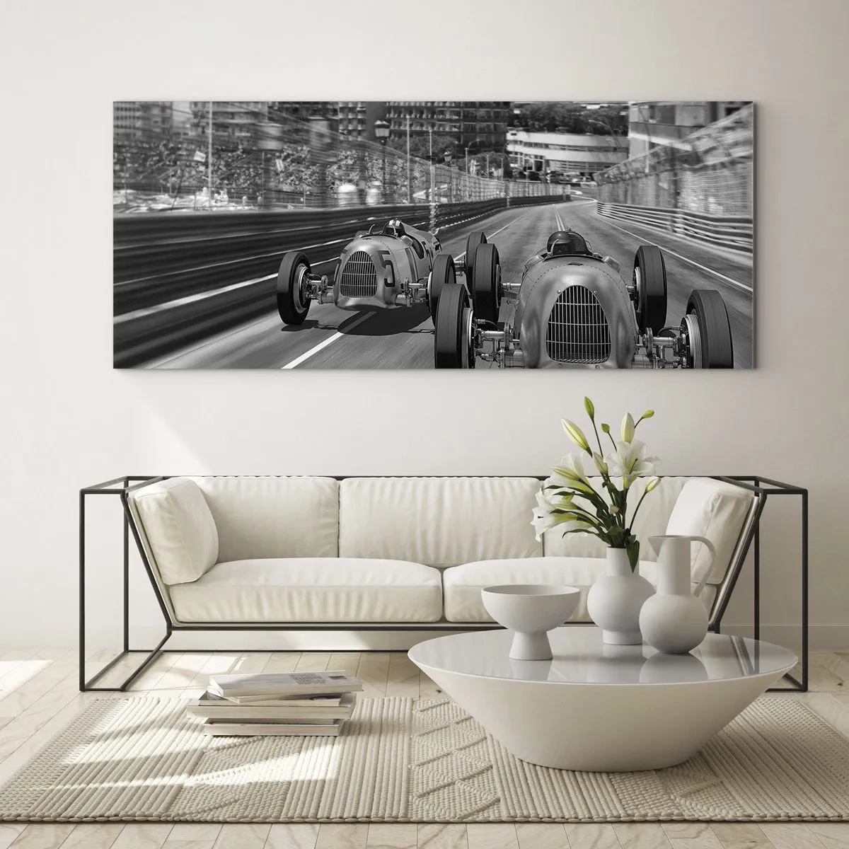 Impression sur verre - Image sur verre - Scène de course automobile rétro monochrome - 120x50cm - Il y a longtemps à Monté Carlo - Décoration murale moderne pour le salon et la chambre ARTTOR