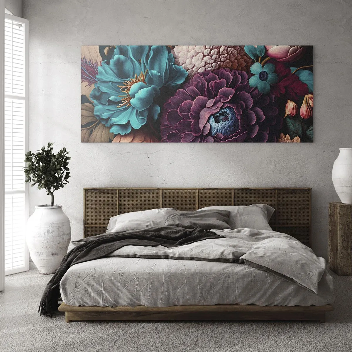 Impression sur verre - Image sur verre - Un bouquet de fleurs aux couleurs intenses sur fond sombre - 140x50cm - La nature en abondance - Décoration murale moderne pour le salon et la chambre ARTTOR