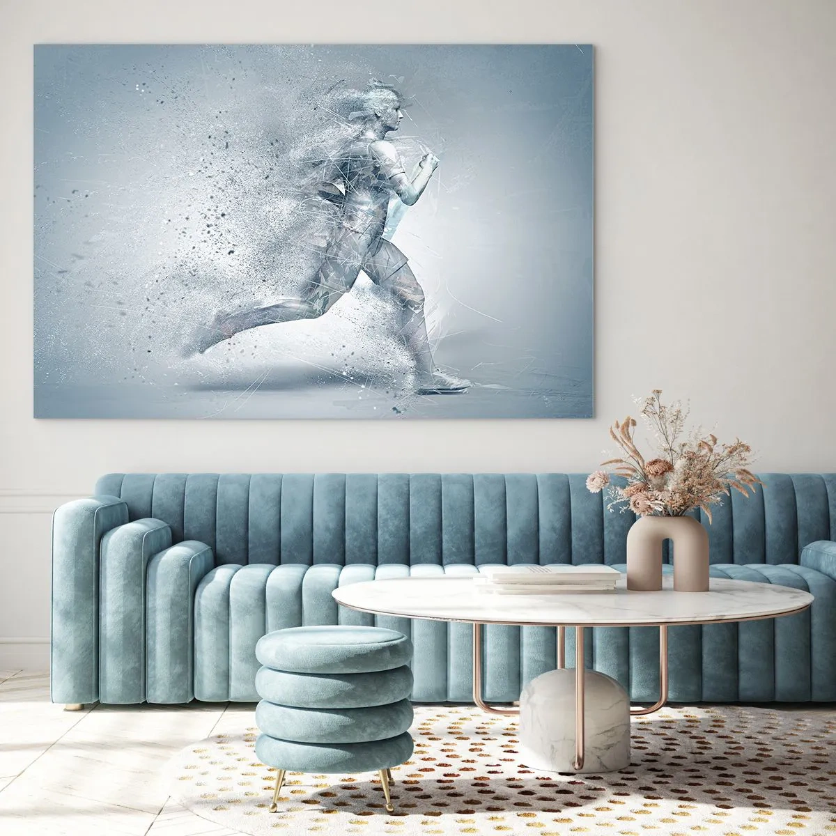 Impression sur verre - Image sur verre - Silhouette d'une figure en train de courir dans une forme abstraite - 70x50cm - Une énergie cristalline - Décoration murale moderne pour le salon et la chambre ARTTOR