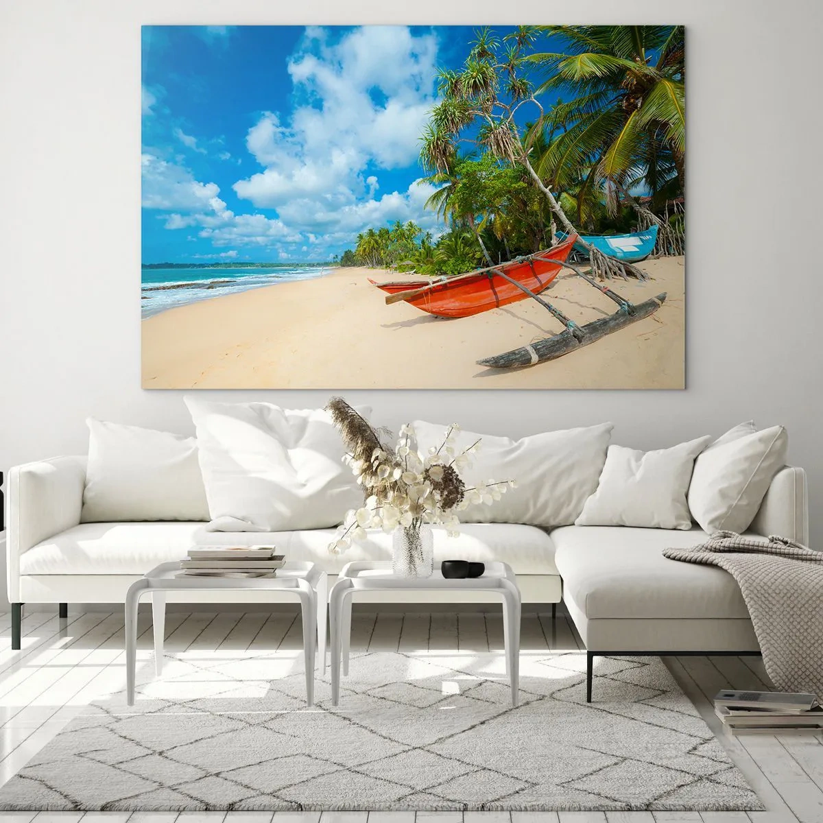 Impression sur verre - Image sur verre - Plage tropicale avec palmiers et bateaux traditionnels - 70x50cm - Le charme des tropiques - Décoration murale moderne pour le salon et la chambre ARTTOR
