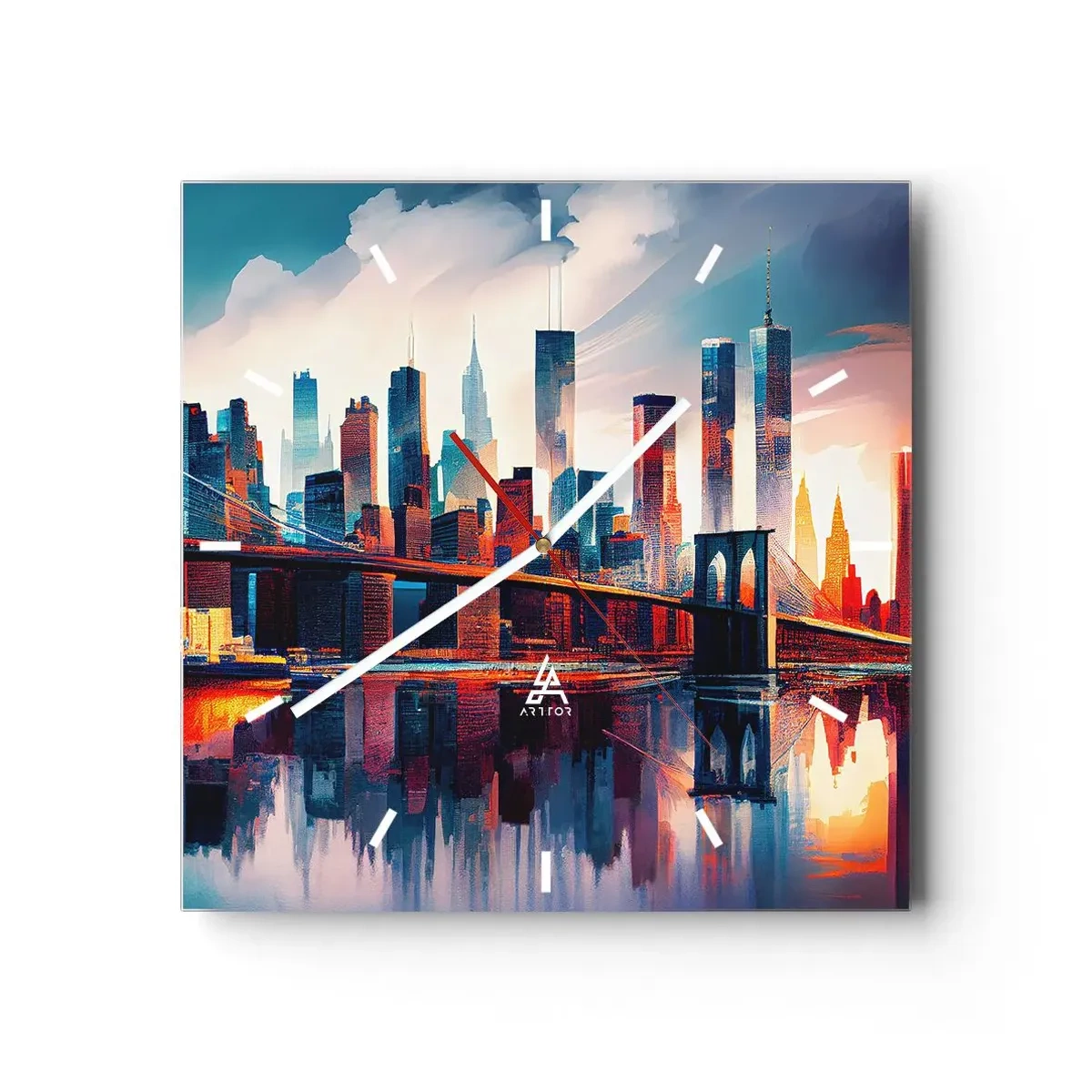 Horloge murale - Pendule murale - Panorama de la ville de New York avec pont et reflet dans l'eau - 30x30cm - New York onirique - Décoration murale moderne pour le salon et la chambre ARTTOR