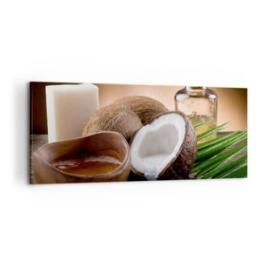 Impression sur toile - Image sur toile - Noix de coco, bougie et huile sur fond de bois - 120x50cm - Santé des îles tropicales - Décoration murale moderne pour le salon et la chambre ARTTOR