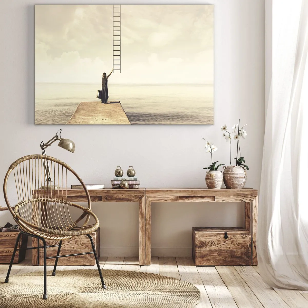 Impression sur toile - Image sur toile - Une femme debout sur une jetée avec une échelle menant au ciel - 70x50cm - Voyage magique - Décoration murale moderne pour le salon et la chambre ARTTOR