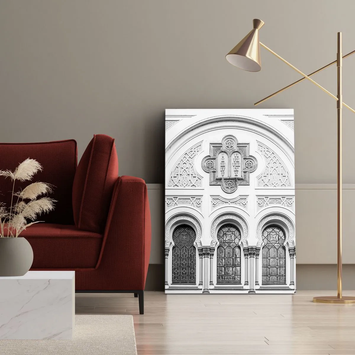 Impression sur toile - Image sur toile - Détails architecturaux de la façade dans un style monochrome - 50x70cm - À la frontière des cultures - Décoration murale moderne pour le salon et la chambre ARTTOR