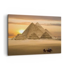 Impression sur toile - Image sur toile - Pyramides d'Égypte au coucher du soleil avec des cavaliers à cheval - 120x80cm - Aucun changement depuis des milliers d'années - Décoration murale moderne pour le salon et la chambre ARTTOR
