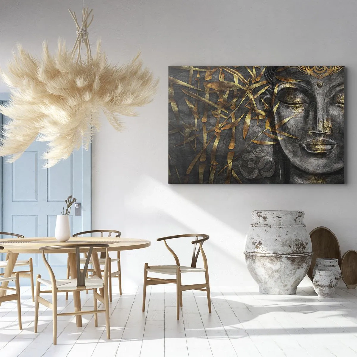 Impression sur toile - Image sur toile - Image de Bouddha zen avec des bambous dorés - 100x70cm - Ressentir le calme - Décoration murale moderne pour le salon et la chambre ARTTOR