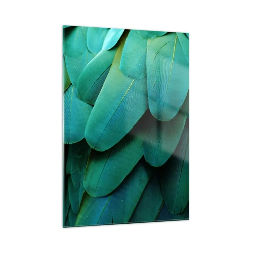 Impression sur verre - Image sur verre - Gros plan des plumes intensément vertes d'un perroquet. - 50x70cm - Perfection de la nature du perroquet - Décoration murale moderne pour le salon et la chambre ARTTOR