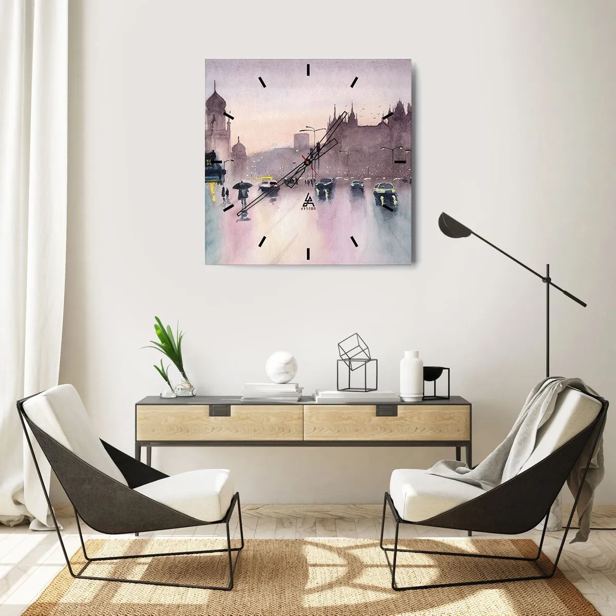 Horloge murale - Pendule murale - Une rue de la ville au crépuscule dans un style aquarelle - 30x30cm - Dans une brume pluvieuse - Décoration murale moderne pour le salon et la chambre ARTTOR