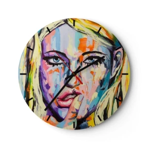 Horloge murale - Pendule murale - Portrait artistique d'une femme aux couleurs colorées - 30x30cm - Regarde-la droit dans les yeux - Décoration murale moderne pour le salon, la cuisine et la chambre ARTTOR