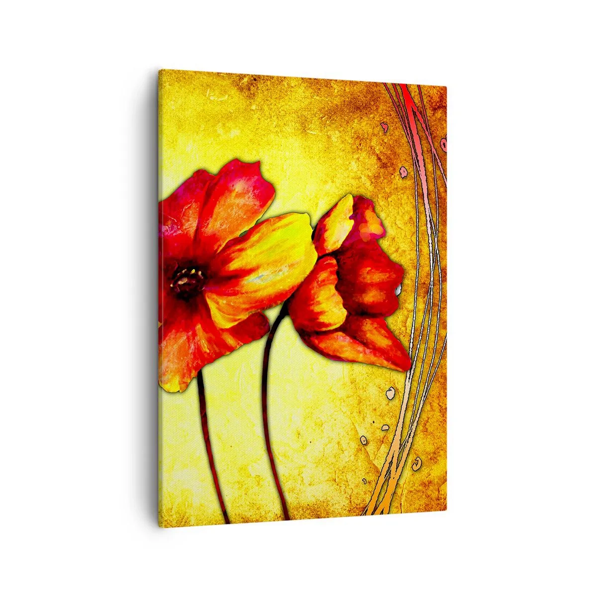Impression sur toile - Image sur toile - Fleurs rouges et jaunes sur fond doré avec motifs décoratifs - 50x70cm - Dans la décoration Art Nouveau - Décoration murale moderne pour le salon et la chambre ARTTOR