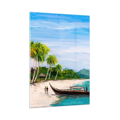 Impression sur verre - Image sur verre - Plage tropicale avec un bateau et des palmiers à côté de huttes traditionnelles - 50x70cm - Rêve exotique - Décoration murale moderne pour le salon et la chambre ARTTOR