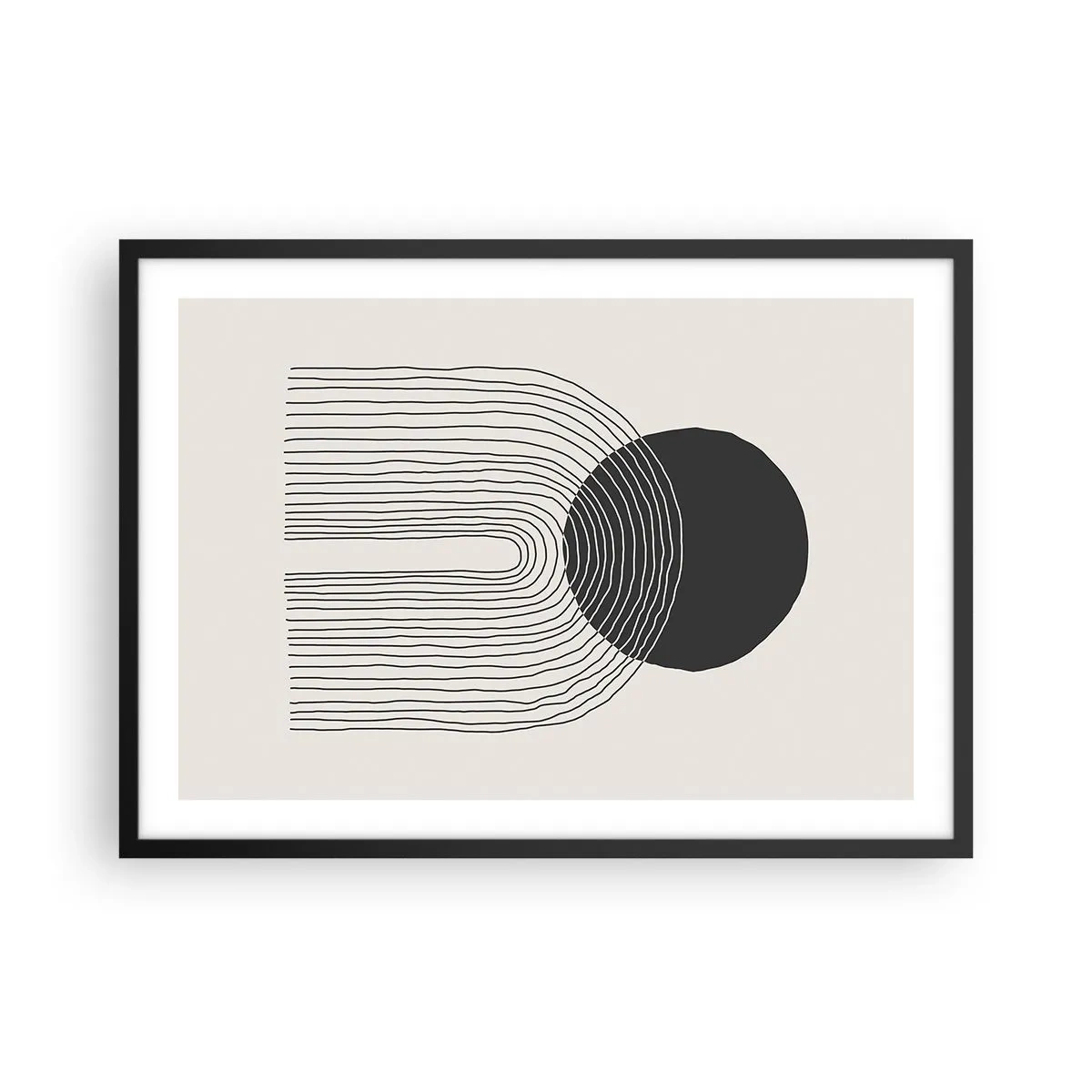 Affiche dans un cadre noir - Poster - Motif abstrait avec des lignes et un cercle noir sur un fond clair - 70x50cm - Tremblement et confiance - Décoration murale moderne pour le salon et la chambre ARTTOR