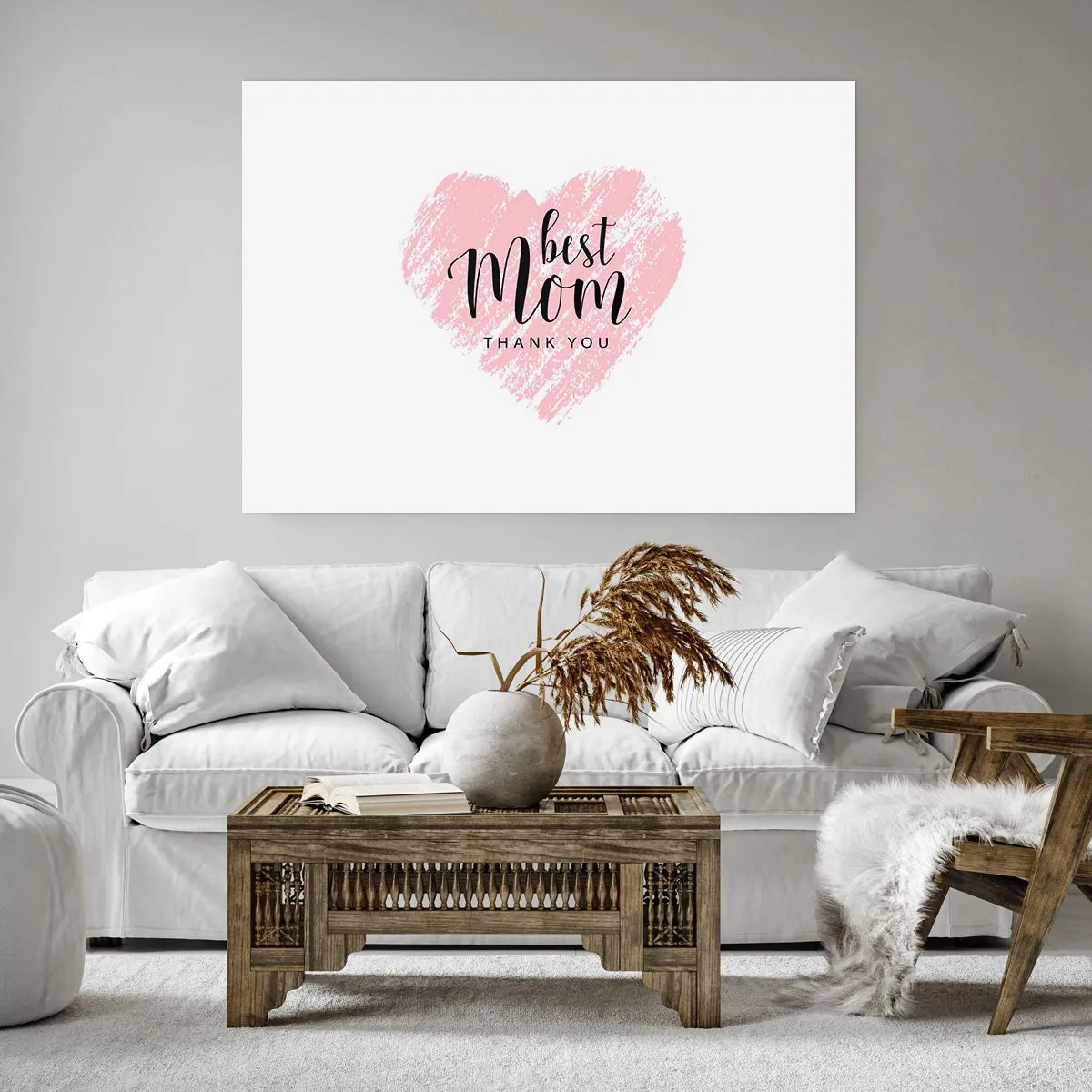Affiche - Poster - Cœur rose avec les mots « Meilleure maman, merci » sur fond blanc - 100x70cm - Toujours au bon moment - Décoration murale moderne pour le salon et la chambre ARTTOR